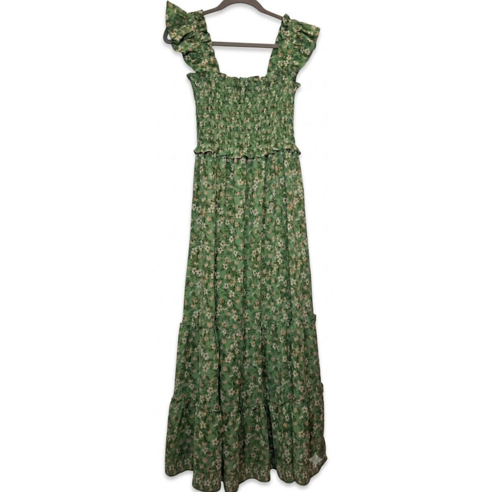 Max studio womens small tiered maxi dress green floral square neck smocked